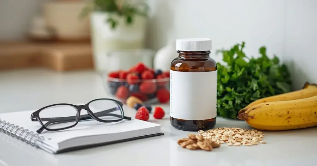 Generic dietary supplement bottle on a kitchen counter with a notebook, reading glasses, and healthy foods.