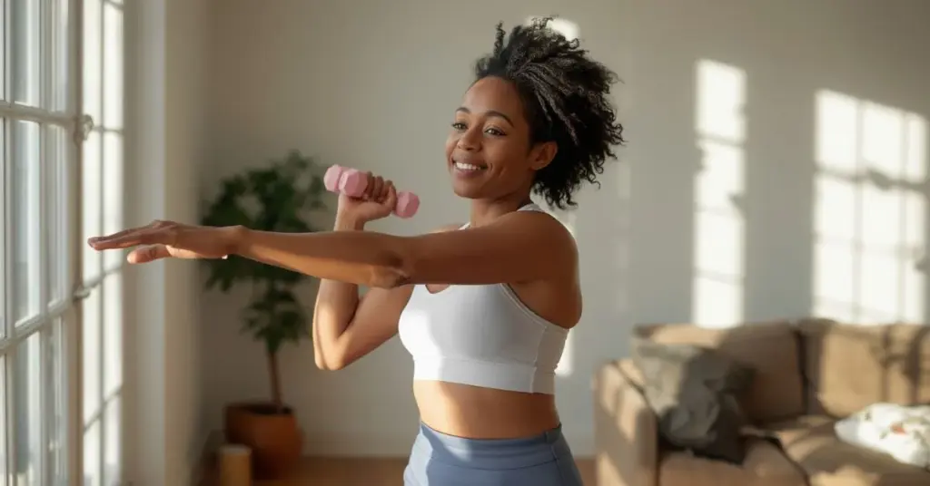 Black woman doing gentle home exercise with hand weights next to a bright window.