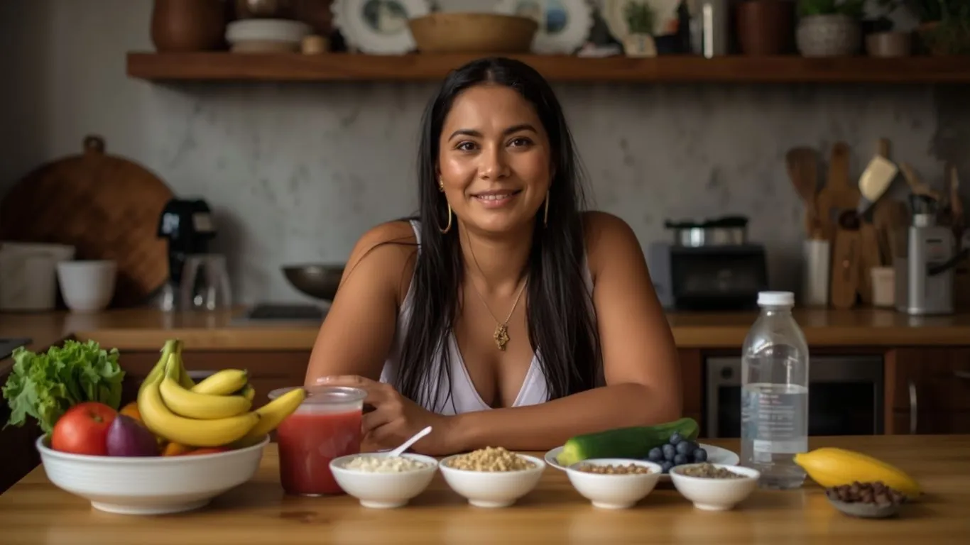 Woman sitting at a kitchen table with healthy foods and water for a gut-friendly daily routine