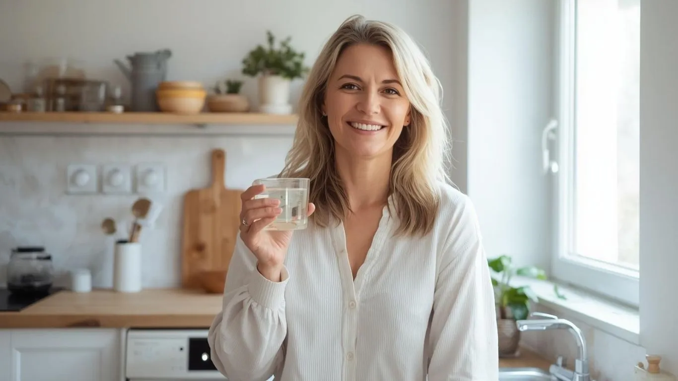 Woman starting a morning wellness routine with a glass of water