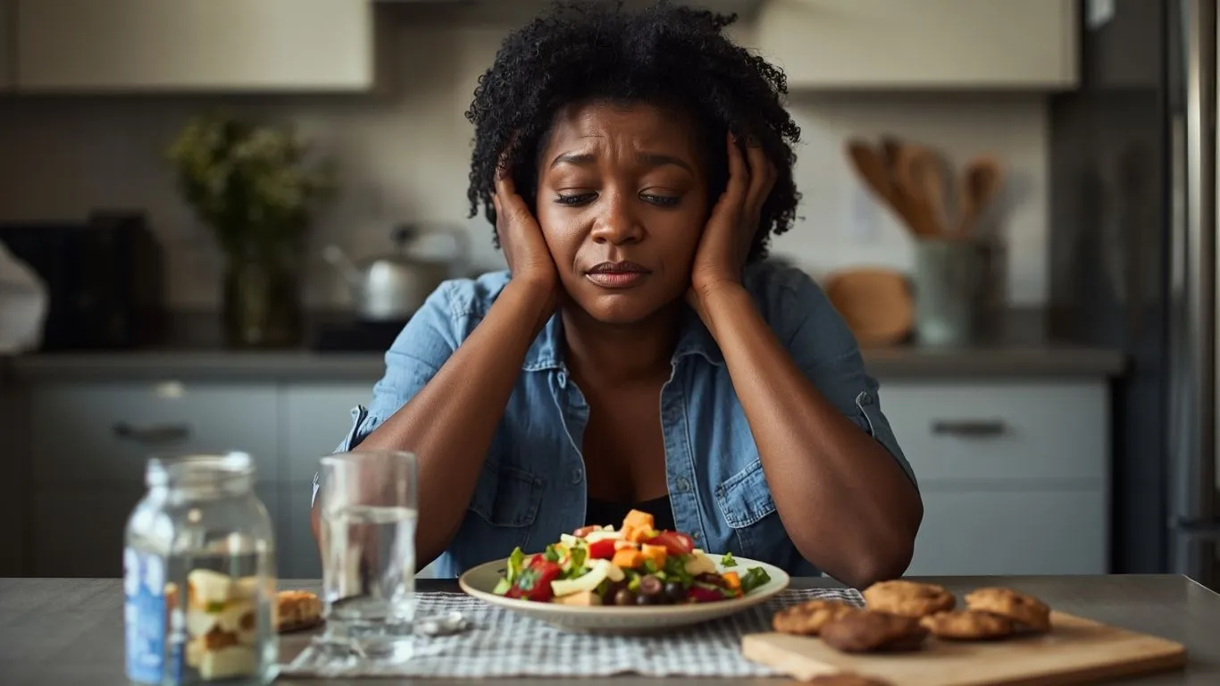 Woman sitting at a table with a tired expression during an afternoon energy slump